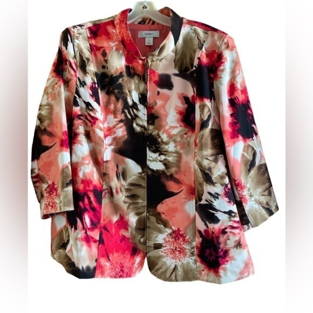 CJ Banks Womens Plus Floral Blazer Suit Jacket 1X Zip 3/4 Sleeve Coral Brown
